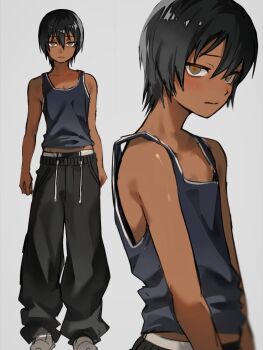 Rule 34 | 1boy, black hair, black pants, blush, brown eyes, closed mouth, dark-skinned male, dark skin, drawstring, full body, grey background, grey tank top, hair between eyes, highres, looking at viewer, m1 tsuru, male focus, male underwear, male underwear peek, midriff peek, multiple views, original, pants, short hair, simple background, standing, tank top, underwear