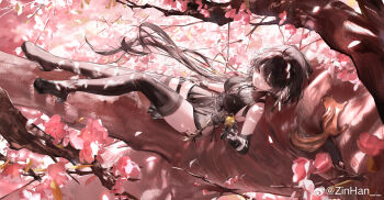 1girl absurdres bare_shoulders bird black_dress black_hair boots breasts colored_inner_hair commentary_request cowlick dress elbow_gloves eyeliner eyeshadow falling_petals fek_zin female_rover_(wuthering_waves) from_above gloves grey_hair high_heel_boots high_heels highres large_breasts leaf long_hair lying makeup multicolored_hair partially_fingerless_gloves pelvic_curtain petals pouch red_eyeliner rover_(wuthering_waves) solo squirrel thigh_strap thighhighs thighs tree two-tone_hair very_long_hair wuthering_waves yellow_eyes