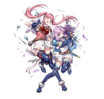 Rule 34 | 2girls, armor, arrow (projectile), attack, battle damage, belt, black thighhighs, blue boots, blue cape, blue gloves, blue thighhighs, blush, boots, bow (weapon), breastplate, breasts, brown belt, cape, circlet, closed mouth, commentary, dagger, damaged, dress, elbow gloves, english commentary, fighting stance, fingerless gloves, fire emblem, fire emblem: the blazing blade, fire emblem: three houses, fire emblem heroes, florina (fire emblem), florina (skyward wings) (fire emblem), gloves, gomashio ponz, green eyes, hairband, headband, hilda valentine goneril, hilda valentine goneril (skyward wings), holding, holding bow (weapon), holding dagger, holding knife, holding weapon, knife, long hair, looking at viewer, multiple girls, nintendo, official alternate costume, official art, one eye closed, open mouth, pink dress, pink eyes, pink hair, purple hair, quiver, sheath, short sleeves, shoulder armor, simple background, thigh boots, thighhighs, torn clothes, twintails, weapon, white background, white cape, white dress, white hairband, white headband