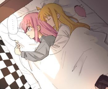... 2girls ahoge blonde_hair blue_eyes bocchi_the_rock! closed_eyes commentary_request cuddling d3g_takahashi gotoh_hitori gotoh_hitori_(tsuchinoko) grey_shirt ijichi_nijika long_hair multiple_girls open_mouth pink_hair shirt spoken_ellipsis under_covers white_shirt yuri