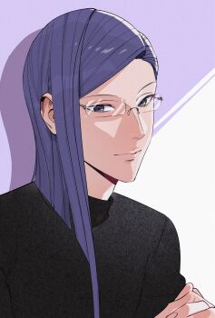 1boy asymmetrical_hair closed_mouth fire_emblem fire_emblem:_three_houses glasses grey_eyes highres long_hair lorenz_hellman_gloucester lorenz_hellman_gloucester_(timeskip) male_focus mkpj32 nintendo purple_eyes purple_hair smile