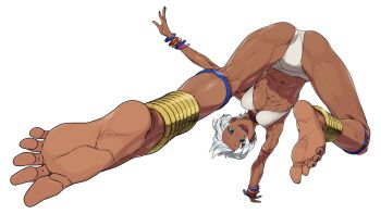 1girl anklet armlet ass barefoot bikini blue_eyes bracelet breasts calflet commentary_request dark-skinned_female dark_skin earrings elena_(street_fighter) highres jewelry navel neck_ring okazin0310 open_mouth perspective short_hair smile solo street_fighter swimsuit toned toned_female underboob upside-down white_background white_hair