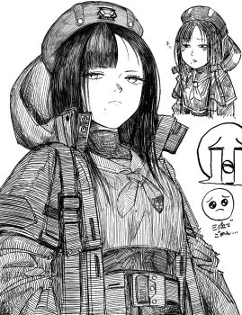 1girl belt beret chibi cosawara emoji eunhwa_(nikke) goddess_of_victory:_nikke greyscale hat highres japanese_text looking_at_viewer monochrome simple_background solo straight_hair tears twitter white_background