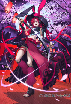 1girl absurdres animal_ears black_hat black_shoes cherry_blossoms dual_wielding hat headphones highres holding holding_sword holding_weapon leggings looking_at_viewer medium_hair official_art one_eye_closed open-toe_shoes rabbit_ears rabbit_girl red_eyes red_hair red_leggings saba-kann_(kannsaba) shoes smile solo sword usakawa_mimi weapon wixoss