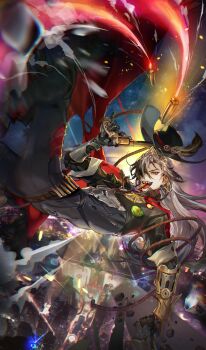 1boy absurdres belt black_hair black_hat boothill_(honkai:_star_rail) brown_belt cape commentary cyborg gun hair_over_one_eye hat hat_feather highres holding holding_gun holding_weapon honkai:_star_rail honkai_(series) kkuekkue_(chifer1958) long_hair male_focus multicolored_hair open_mouth police_badge red_cape red_eyes sharp_teeth solo split-color_hair teeth tongue tongue_out two-tone_hair weapon white_hair