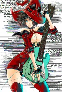 1girl arc_system_works black_hair blue_eyes breasts fingerless_gloves gloves guilty_gear guitar hat highres i-no instrument large_breasts solo thighhighs underboob witch_hat