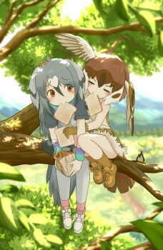 Rule 34 | 2girls, bare shoulders, bird girl, bird tail, bird wings, black hair, black shirt, blush, bread, bread slice, brown gloves, brown hair, brown shirt, brown skirt, closed eyes, day, eating, feathers, food, food in mouth, fur trim, gloves, grey hair, grey skirt, hair between eyes, hand on another's head, head wings, in tree, japari bun, kemono friends, long hair, mouth hold, multicolored hair, multiple girls, onefiresticks, orange eyes, outdoors, pantyhose, pleated skirt, rock dove (kemono friends), shirt, shoes, short hair, short sleeves, sitting, skirt, sleeveless, sneakers, socks, t-shirt, tail, tree, tree sparrow (kemono friends), two-tone hair, two-tone shirt, white hair, white shirt, wings, yellow eyes