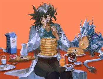 1boy aged_down bad_link black_hair black_pants blue_shirt butter closed_eyes cup cutlery dress_shirt drink_carton duel_monster eating facial_mark food fork fudo_yusei glasses hand_on_own_face holding holding_fork id_card jam juice lab_coat leaning_to_the_side male_focus milk milk_carton momentcorefly nutella on_table orange_background orange_juice pancake pancake_stack pants plate shirt souffle_pancake source_request spiked_hair spoon stardust_dragon table teacup yu-gi-oh! yu-gi-oh!_5d's