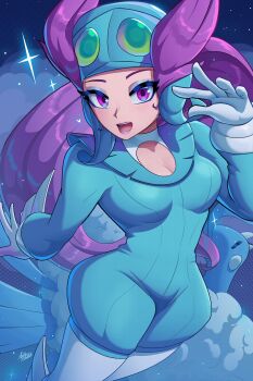 1girl absurdres altaria aviator_cap axlhearts bird blue_unitard breasts cleavage cleavage_cutout clothing_cutout cloud feathers gen_3_pokemon gloves goggles helmet highres long_hair long_sleeves looking_at_viewer medium_breasts night night_sky nintendo open_mouth pilot_helmet pokemon pokemon_(creature) pokemon_oras purple_eyes purple_hair sky smile star_(sky) star_(symbol) teeth unitard very_long_hair white_feathers winona_(pokemon)