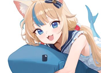 1girl animal_ears blonde_hair blue_eyes blue_hair blush bow cat_ears cat_girl fang hair_bow highres indie_virtual_youtuber long_hair looking_at_viewer multicolored_hair omochiarts open_mouth sameko_saba shark simple_background smile solo streaked_hair teeth twintails virtual_youtuber white_background