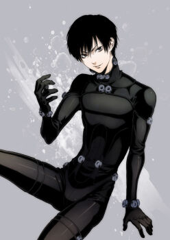 1boy aokimutsumi black_bodysuit black_hair bodysuit gantz gantz_suit hand_up invisible_chair looking_at_viewer male_focus nishi_jouichirou parted_lips short_hair sitting smile solo