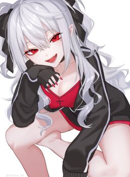 1girl barefoot black_choker black_jacket black_ribbon breasts choker cleavage collarbone cross cross_print fangs fingernails foot_out_of_frame genderswap genderswap_(mtf) hair_between_eyes hair_ribbon hand_on_own_cheek hand_on_own_face head_rest highres invisible_chair jacket large_breasts leaning_forward long_fingernails long_hair long_sleeves looking_at_viewer mole mole_under_eye nail_polish nijisanji open_mouth partially_unzipped pointy_ears red_eyes red_nails red_shirt ribbon sanya_(2nd_costume)_(kuzuha) sanya_(kuzuha) shirt sidelocks simple_background sitting sleeves_past_wrists solo track_jacket tsukishiro_o0o two_side_up v-neck virtual_youtuber wavy_hair white_background white_hair