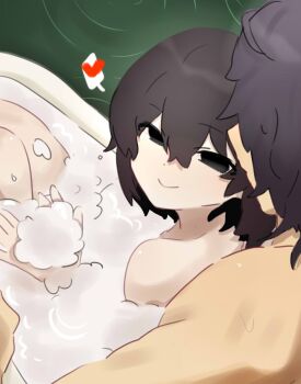 Rule 34 | 1boy, 1girl, ahoge, araragi koyomi, bare shoulders, bath, bathing, bathroom, bathtub, black eyes, black hair, bob cut, closed mouth, commentary, completely nude, convenient censoring, empty eyes, english commentary, facing another, facing away, from above, from behind, front-to-back, hair between eyes, happy, heart, hetero, highres, in bathtub, knees up, long bangs, looking at another, looking back, looking up, monogatari (series), narrowed eyes, nude, oshino ougi, pale skin, ripples, shared bathing, short hair, smile, soap bubbles, soap censor, spoken heart, spooning, tsugumi (tgm 615486)