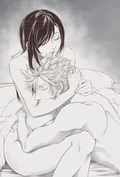 1boy 1girl absurdres arms_around_neck bed_sheet black_hair closed_eyes cloud_strife collarbone completely_nude couple cuddling eyelashes feet_out_of_frame final_fantasy final_fantasy_vii gradient_background greyscale hand_on_another&#039;s_hip hetero highres hug kirinomon knees leaning_on_person long_hair lying monochrome nude on_stomach parted_lips pillow short_hair sitting spiked_hair swept_bangs thighs tifa_lockhart twitter_username
