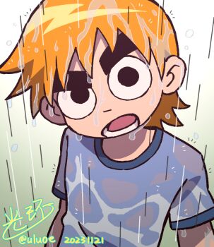 1boy black_eyes chinese_commentary commentary_request gradient_background green_background looking_at_viewer male_focus official_style open_mouth orange_hair rain scott_pilgrim scott_pilgrim_(series) scott_pilgrim_takes_off shirt short_hair signature solo thick_eyebrows uluoe upper_body wet wet_clothes wet_hair wet_shirt