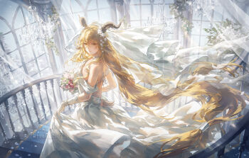 1girl ahoge alternate_costume animal_ears arknights backless_dress backless_outfit bare_back bare_shoulders blonde_hair bouquet chandelier crossed_bangs degenbrecher_(arknights) dress flower gloves goat_ears goat_horns goat_tail hair_between_eyes hair_flower hair_ornament helen_zzhao highres holding holding_bouquet horns indoors long_hair looking_at_viewer low-tied_long_hair parted_lips skirt_hold solo tail very_long_hair white_dress white_gloves yellow_eyes