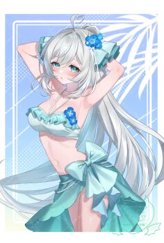 1girl ahoge aqua_bikini aqua_bow aqua_eyes aqua_sarong armpits arms_up bikini blue_flower bow breasts commentary_request commission flower grey_hair hair_flower hair_ornament heart heart_ahoge highres indie_virtual_youtuber jiu_(vtuber) long_hair medium_breasts navel ponytail sarong skeb_commission solo swimsuit tatata_n3b7 virtual_youtuber watermark