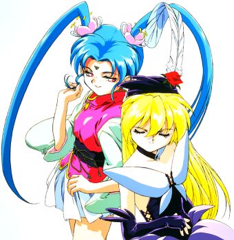 1990s_(style) 2girls amano_misao_(pretty_sammy) black_gloves black_hat blue_hair choker closed_eyes elbow_gloves facial_mark fingerless_gloves flower forehead_mark freckles gloves hair_flower hair_ornament half-closed_eyes hat hat_feather hat_flower kawai_sasami leotard light_smile long_hair magical_girl mahou_shoujo_pretty_sammy miniskirt multiple_girls non-web_source official_art pink_eyes pixy_misa pleated_skirt pretty_sammy_(character) retro_artstyle simple_background skirt smile standing strapless strapless_leotard tenchi_muyou! twintails twirling_hair very_long_hair white_background white_skirt wide_sleeves