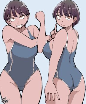 absurdres arm_at_side ass breasts brown_hair clenched_hand competition_swimsuit dark_skin dated grin hadashi_no_kenji highres index_finger_raised multiple_views one-piece_swimsuit original sanpaku short_hair smile standing stretching swimsuit tomboy
