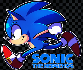 1boy absurdres black_background character_name checkered_background copyright_name full_body furry furry_male gloves green_eyes highres male_focus naruto_run outline outstretched_arms red_shoes running shoes smile solo sonic_(series) sonic_the_hedgehog white_gloves white_outline woofzilla