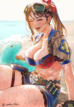 1girl beach bikini bikini_top_only blue_shorts blush breasts brown_gloves brown_hair cleavage closed_eyes collarbone cosplay dinosaur fate/grand_order fate_(series) fingerless_gloves forehead gloves goggles hair_ribbon jewelry large_breasts leonardo_da_vinci_(fate) leonardo_da_vinci_(fate/grand_order) leonardo_da_vinci_(rider)_(fate) leonardo_da_vinci_(swimsuit_ruler)_(fate) leonardo_da_vinci_(swimsuit_ruler)_(fate)_(cosplay) long_hair navel necklace open_mouth parted_bangs ponytail puffy_short_sleeves puffy_sleeves red_bikini red_ribbon ribbon shore short_shorts short_sleeves shorts shrug_(clothing) sidelocks sitting smile stegosaurus swimsuit thighs tonko_from wet