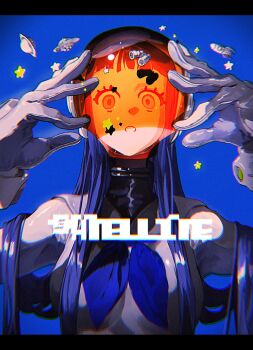 1girl binoculars blue_background blue_hair blunt_bangs commentary decided_218 gloves helmet highres jupiter_(planet) long_hair looking_at_viewer open_mouth original school_uniform serafuku simple_background solo star_(symbol) symbol-only_commentary ufo white_gloves