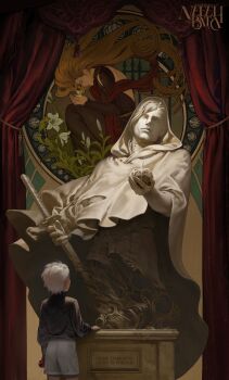 1boy absurdres apple art_nouveau black_shirt closed_mouth commentary commentary_request crack curtains dante_(devil_may_cry) devil_may_cry_(series) english_text eva_(devil_may_cry) food fruit highres maozhu portuguese_text shirt short_hair shorts sword symbol-only_commentary symbolism tassel translation_request vergil_(devil_may_cry) weapon white_hair white_lily white_shorts