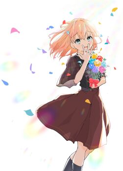 1girl 5th_live_tour_~4pair_power_spread!!!!~ :d aqua_eyes black_shirt black_socks blue_flower bouquet brown_skirt commentary_request crossed_bangs falling_petals feet_out_of_frame flower hair_intakes hair_ornament hasu_no_sora_school_uniform highres hinoshita_kaho holding holding_bouquet kneehighs link!_like!_love_live! looking_at_viewer love_live! medium_hair medium_skirt open_mouth orange_flower orange_hair petals pink_flower pleated_skirt purple_flower rabbit_hair_ornament raised_inner_eyebrows ranunculus red_flower school_uniform seaus shirt short_sleeves skirt smile socks solo standing t-shirt two_side_up virtual_youtuber yellow_flower