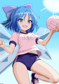 1girl alternate_costume ball blue_bow blue_eyes blue_hair blue_shorts blue_sky bow cirno day grin gym_shirt gym_shorts gym_uniform hair_bow highres ice ice_wings mist9801km name_tag shirt shoes shorts sky smile sneakers solo sun touhou volleyball_(object) white_shirt wings