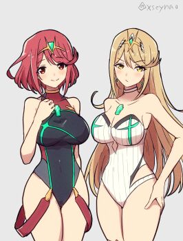 2girls artist_name bare_arms bare_shoulders blonde_hair breasts choker closed_mouth commentary_request core_crystal_(xenoblade) cowboy_shot earrings grey_background hand_on_own_chest hand_on_own_hip hand_up highres jewelry large_breasts long_hair looking_at_viewer mochimochi_(xseynao) multiple_girls mythra_(massive_melee)_(xenoblade) mythra_(xenoblade) official_alternate_costume one-piece_swimsuit pyra_(pro_swimmer)_(xenoblade) pyra_(xenoblade) red_eyes red_hair short_hair simple_background smile swept_bangs swimsuit tiara white_choker xenoblade_chronicles_(series) xenoblade_chronicles_2 yellow_eyes