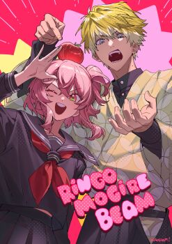 Rule 34 | 1boy, 1girl, ;d, absurdres, apple, apple on head, artist name, black jacket, black sailor collar, black serafuku, black shirt, black skirt, blonde hair, blue eyes, commentary request, crossed bangs, food, fruit, hair between eyes, hand up, hands up, highres, jacket, japanese clothes, kaohom503, kimono, long sleeves, looking at viewer, medium hair, mole, mole on neck, neckerchief, nijisanji, nijisanji en, one eye closed, one side up, open mouth, pink hair, pleated skirt, pointing, red background, red neckerchief, rosemi lovelock, sailor collar, school uniform, serafuku, shippou (pattern), shirt, short hair, skirt, smile, sonny brisko, teeth, upper teeth only, v-shaped eyebrows, virtual youtuber, wide sleeves, yellow kimono