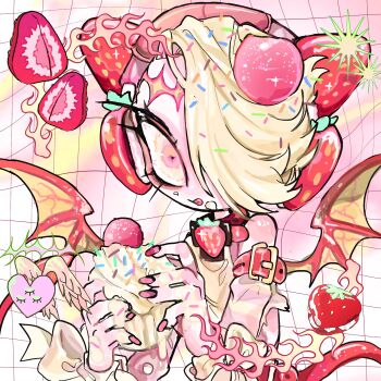 Rule 34 | 1boy, :p, amatou akuma, androgynous, animal ears, arm belt, arm strap, armband, bags under eyes, bare shoulders, bat wings, belt, belt buckle, belt collar, blonde hair, bow, buckle, cake, cherry, cherry hair ornament, choker, closed mouth, collar, cream, crossdressing, cupcake, demon, demon boy, demon horns, demon tail, demon wings, dessert, detached sleeves, eating, fingernails, fire, food, food-themed hair ornament, food on face, fruit, gold buckle, grid background, hair ornament, hair over one eye, hands up, headphones, heart, highres, holding, holding cupcake, holding food, horns, jewelry, licking, licking lips, long sleeves, looking at viewer, male focus, multicolored eyes, nail polish, object on head, one eye covered, original, pink eyes, pink nails, red belt, red tail, red wings, ribbon, shirt, short hair, sleeveless, sleeveless shirt, solo, sprinkles, strawberry, strawberry brooch, strawberry hair ornament, strawberry shortcake, symbol-shaped pupils, tail, tile wall, tiles, tongue, tongue out, trap, two-tone eyes, upper body, white hair, white ribbon, wings, wrist ribbon, yellow eyes