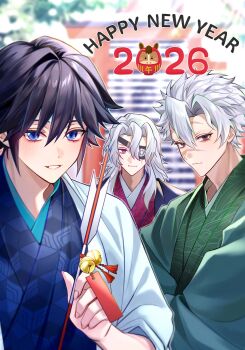 2026 3boys alternate_costume arrow_(projectile) black_haori blue_eyes blue_kimono closed_mouth green_haori green_kimono grey_hair grin hair_between_eyes hand_up haori happy_new_year highres holding holding_arrow japanese_clothes kimetsu_no_yaiba kimono long_hair looking_at_viewer male_focus multiple_boys new_year purple_eyes red_eyes scar scar_on_face shinazugawa_sanemi smile spiked_hair stairs t_ei_to teeth tomioka_giyuu torii uzui_tengen white_haori
