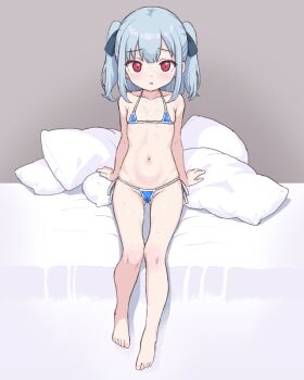 1girl bare_legs barefoot bikini blue_bikini flat_chest full_body gluteal_fold hair_ribbon loli micro_bikini nattocurryumeee navel on_bed original paint_chat_(medium) pillow red_eyes ribbon side-tie_bikini_bottom sitting solo swimsuit two_side_up