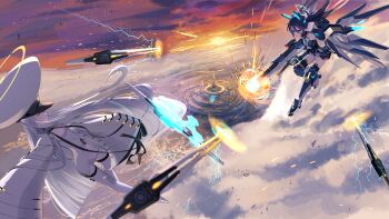 2girls above_clouds absurdres aqua_halo aris_(armed)_(blue_archive) aris_(blue_archive) black_hair blue_archive blue_eyes blue_necktie cloud colored_skin colorful_clouds commentary_request duel electricity energy_barrier energy_gun fin_funnels firing floating floating_hair floating_object floating_weapon flying hair_between_eyes hair_over_one_eye halo hatsuki2223 headgear high_up highres holding holding_energy_gun holding_weapon large_hat leotard long_hair long_hair_between_eyes malkuth_(blue_archive) mecha_musume mechanical_legs mechanical_wings multiple_girls necktie official_alternate_costume orange_sky rectangular_halo ringed_eyes short_necktie showgirl_skirt sky sleeves_past_fingers sleeves_past_wrists sunset thrusters twintails very_long_hair weapon white_hair white_leotard white_skin wings yellow_eyes yellow_halo