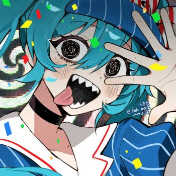 :d arm_up black_choker blue_hat blush bow choker collarbone collared_dress confetti crazy crazy_eyes dated diagonal-striped_bow dress hair_between_eyes hashtag-only_commentary hat hat_bow hatsune_miku looking_at_viewer mesmerizer_(vocaloid) open_mouth pinstripe_dress pinstripe_hat pinstripe_pattern portrait puffy_short_sleeves puffy_sleeves qiancaofu red_bow sailor_collar sharp_teeth short_sleeves smile solid_circle_eyes spiral_background striped_bow teeth tongue tongue_out two-tone_bow vocaloid white_bow white_sailor_collar