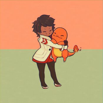 1girl black_pantyhose brown_hair candela_(pokemon) charmander closed_eyes closed_mouth coat commentary_request fire flame-tipped_tail gen_1_pokemon gloves hijikimon2mon hug long_sleeves nintendo pantyhose pokemon pokemon_go short_hair smile tail two-tone_background white_coat white_gloves