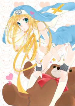 Rule 34 | 1boy, animal background, aqua eyes, arched back, bare arms, bare shoulders, black gloves, blonde hair, blue veil, blue vest, bow, bowtie, bridget (guilty gear), cross, cross print, feet out of frame, fingerless gloves, floating clothes, floating hair, gloves, guilty gear, guilty gear xx, guimpe, hands on own knees, heart, heart background, highres, kneehighs, large teddy bear, latin cross, leaning forward, legs apart, light blush, long hair, long sidelocks, looking at viewer, mars symbol, neck ribbon, nun, open mouth, patterned background, print wrist cuffs, red bow, red bowtie, ribbon, roger (guilty gear), shirt, sidelocks, sleeveless, sleeveless shirt, socks, standing, trap, two-sided veil, uru (yukirsch), veil, vest, white background, white shirt, white socks, white trim, white wrist cuffs, wrist cuffs, yellow ribbon