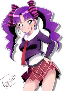 1girl arm_behind_back belt black_belt black_shirt blue_eyes bracelet candy_hair_ornament closed_mouth commentary_request duel_masters duel_masters_play's facial_tattoo food-themed_hair_ornament fur-trimmed_shirt fur_trim hair_ornament hand_on_own_hip highres jewelry kamokawa_j long_hair looking_at_viewer necktie plaid_clothes plaid_skirt puramai_rei purple_hair red_necktie red_skirt shirt shirt_under_shirt signature skirt solo spiked_bracelet spikes tattoo twintails white_background white_shirt