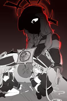 Rule 34 | 3girls, 743 (743rd bat), absurdres, aoba (blue archive), black tail, blue archive, bow, crying, darkest dungeon, demon tail, gloves, greyscale, halo, hat, highres, hikari (blue archive), long hair, looking back, low twintails, monochrome, multiple girls, newsboy cap, nozomi (blue archive), peaked cap, pointy ears, screw, screwdriver, siblings, sisters, sweat, tail, tears, twins, twintails, white gloves, wrench