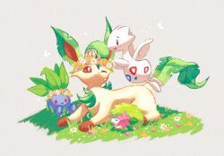 Rule 34 | :d, ^ ^, bright pupils, brown eyes, closed eyes, closed mouth, commentary, creatures (company), floating, flower wreath, game freak, gen 1 pokemon, gen 2 pokemon, gen 4 pokemon, grey background, head wreath, highres, leaf (pixiv17652941), leafeon, legendary pokemon, mythical pokemon, nintendo, no humans, oddish, on grass, one eye closed, open mouth, pokemon, pokemon (creature), red eyes, shaymin, shaymin (land), simple background, sitting, smile, symbol-only commentary, tail, togetic, white pupils, wings