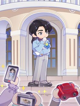 1boy arm_across_waist atara_(heartopia) bad_tag badge black_eyes black_hair black_sweater blue_suit camera cellphone commentary dress_pants english_commentary formal_clothes full_body hand_on_own_chin hand_up heartopia highres holding holding_camera light_smile long_hair long_sleeves looking_to_the_side low_ponytail male_focus official_art on_stairs out_of_frame pants parted_bangs phone ponytail smartphone solo_focus sparkle standing suit sweater taking_picture turtleneck turtleneck_sweater