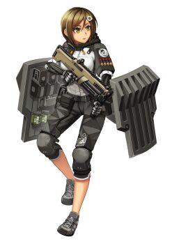 12-gauge 1girl ammunition ballistic_shield black_shorts breasts brown_eyes brown_hair cmmia cylinder cylinder_(weapon) deus_ex deus_ex:_human_revolution full_body girls&#039;_frontline grey_shoes gun hair_between_eyes hair_ornament highres holding holding_gun holding_weapon hood hood_down hooded_jacket jacket knee_pads looking_away medium_breasts ndtwofives original parted_bangs parted_lips polymer-cased_ammunition quad-tube_rotating_magazine revolver_shotgun rotating-tube_magazine semi-automatic_shotgun shield shield_module shoes short_hair shorts shotgun shotgun_shell srm_1216 srm_arms_model_1216 transparent_background v-shaped_eyebrows weapon white_jacket widowmaker_tx