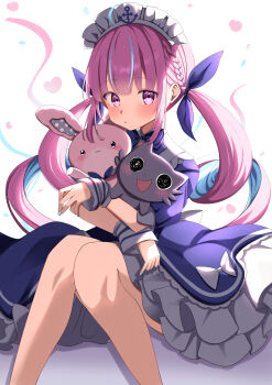 1girl :3 absurdres ahoge anchor_hat_ornament anchor_symbol aqua_hair aqua_nails blue_bow blue_bowtie blue_dress blue_ribbon blush bow bowtie braid curly_hair dress fingernails hair_ribbon hat_ornament heart highres holding holding_stuffed_toy hololive knees_together_feet_apart long_hair looking_at_viewer maid maid_headdress minato_aqua minato_aqua_(1st_costume) multicolored_hair nail_polish neko_(minato_aqua) onji_(oma2_4649) open_mouth pink_eyes pink_hair ribbon short_sleeves sitting streaked_hair stuffed_animal stuffed_rabbit stuffed_toy thighs twintails two-tone_hair virtual_youtuber white_background white_bow white_wrist_cuffs wrist_cuffs