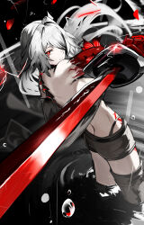 Rule 34 | 1girl, absurdres, acheron (honkai: star rail), armpit crease, asymmetrical legwear, back, bare shoulders, black choker, black coat, black shorts, blood, bloody tears, body markings, boots, bright pupils, choker, closed mouth, coat, coattails, commentary request, detached sleeves, from behind, glint, hair intakes, hair over one eye, highres, holding, holding sword, holding weapon, honkai: star rail, honkai (series), long hair, looking at viewer, official alternate color, osashimi 0343x, rain, red eyes, red pupils, shorts, sidelocks, single detached sleeve, single thigh boot, solo, spine, standing, sword, thigh boots, thighs, wading, water, water drop, weapon, white hair, white pupils