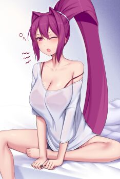 1girl bed black_shorts blush bra bra_visible_through_clothes breasts cleavage collarbone feet highres large_breasts leaning_forward long_hair one_eye_closed purple_bra purple_eyes purple_hair see-through_clothes shirt shorts simple_background single_bare_shoulder single_off_shoulder sleepy solo soukitsu under_night_in-birth underwear very_long_hair waking_up wet wet_clothes wet_shirt white_shirt yawning yuzuriha_(under_night_in-birth)