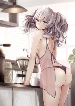 1girl ass babydoll bare_shoulders blue_eyes blush breasts closed_mouth coffee_pot cup female_focus from_side hair_ornament hair_scrunchie highres holding_jug indoors jug_(bottle) kantai_collection kashima_(kancolle) large_breasts long_hair looking_at_viewer looking_back narushima_kanna panties purple_panties scrunchie see-through_clothes shoulder_blades silver_hair smile solo thong tsurime twintails underwear wavy_hair window window_blinds