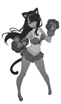 Rule 34 | 1girl, animal ear fluff, animal ears, bare shoulders, black hair, breasts, cat ears, cat girl, cat tail, cheerleader, dark-skinned female, dark skin, gloves, hair between eyes, ijiranaide nagatoro-san, long hair, medium breasts, midriff, monochrome, nagatoro hayase, navel, paw gloves, pixxel, skirt, solo, tail, tan, tanline, white background