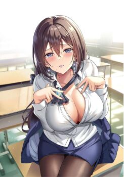 1girl blue_eyes blush boku_no_kanojo_sensei breasts brooch brown_hair chair classroom cleavage desk double_v earrings embarrassed feet_out_of_frame female_focus from_above fujiki_maka hair_between_eyes highres indoors jewelry large_breasts legs long_hair looking_at_viewer official_art oryo_(oryo04) pantyhose parted_lips pencil_skirt sdwing sitting skirt solo thighs unbuttoned unbuttoned_shirt v
