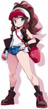 1girl antenna_hair bag baseball_cap black_jacket black_shoes black_socks blue_eyes blue_shorts breasts brown_hair closed_mouth commentary_request covered_navel crop_top cutoffs full_body hat highres hilda_(pokemon) holding holding_poke_ball jacket karukan_(monjya) long_hair micro_shorts midriff_peek nintendo open_clothes open_jacket poke_ball poke_ball_(basic) pokemon pokemon_bw ponytail red_bag shirt shoes shorts shoulder_bag sideboob sidelocks sleeveless sleeveless_jacket small_breasts smile socks solo standing watch white_hat white_shirt wristwatch
